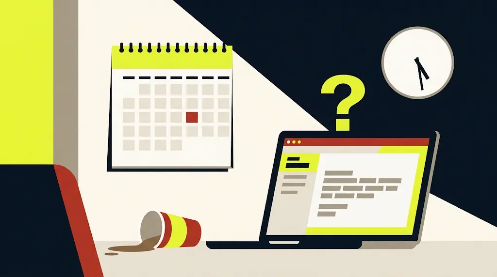 Un calendario da muro con il mese di agosto evidenziato in rosso, mentre sullo sfondo un laptop aperto mostra una mail con il testo censurato e una tazzina di caffè rovesciata