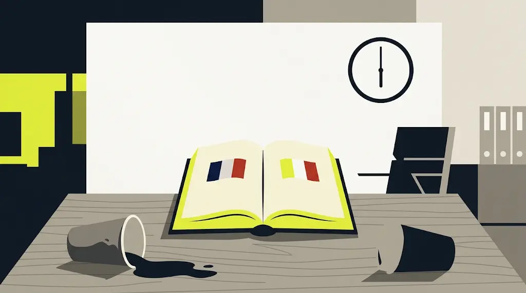 Un dizionario aperto su una bandiera francese a sinistra e una bandiera italiana a destra, con una tazzina di caffè rovesciata e un orologio che segna le 18:03
