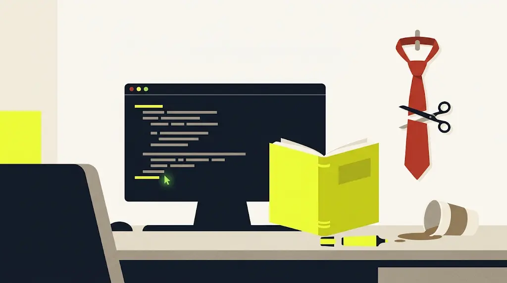 Un terminale Linux con righe di codice accanto a un libro aperto, con evidenziatore giallo e una tazzina di caffè