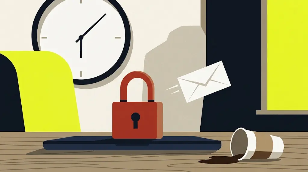 Un laptop chiuso con un lucchetto sopra, mentre sullo sfondo un'ombra allungata di un orologio segna le 18:03 e una busta bianca vola verso lo schermo come un proiettile