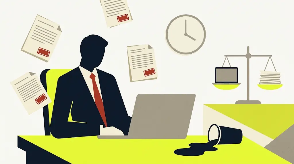 Un impiegato in smart working al suo computer portatile circondato da fogli con il timbro 'INFORMATIVA OBBLIGATORIA' e una bilancia della giustizia, con una tazzina di caffè rovesciata e un orologio che segna le 18:03