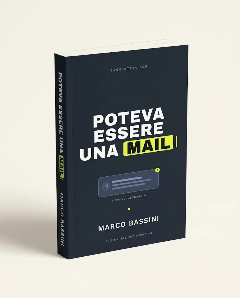Mockup 3D di «Poteva essere una mail»: il paperback in piedi, di tre quarti, con dorso e copertina visibili su fondo crema